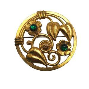 Vintage Gold Tone Floral Round Brooch With Green Glass Cabochon Accents